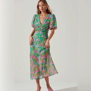Astr Green and Pink Ruffled Tie Front Midi Dress